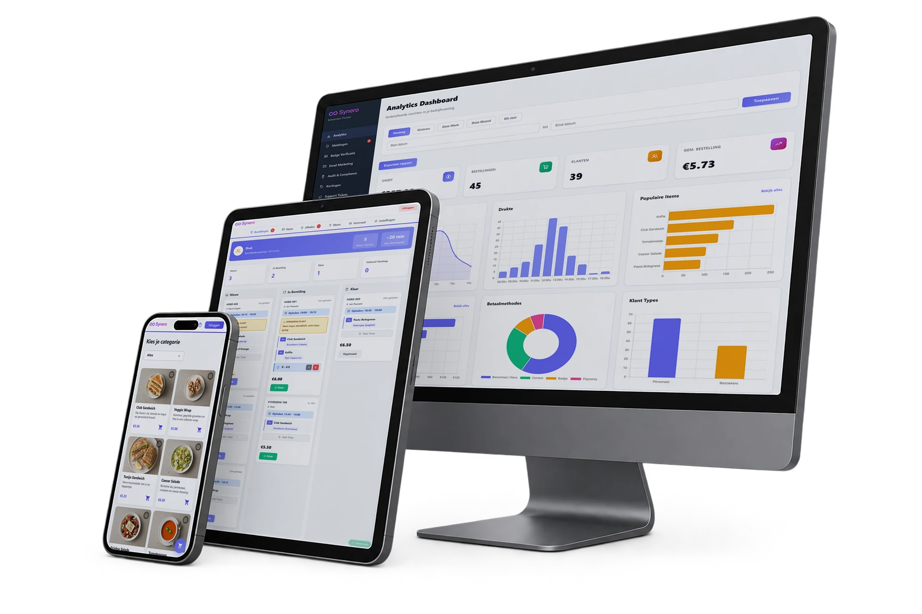 Synero op telefoon, tablet en desktop: bestelmenu, keukenscherm en analytics-dashboard