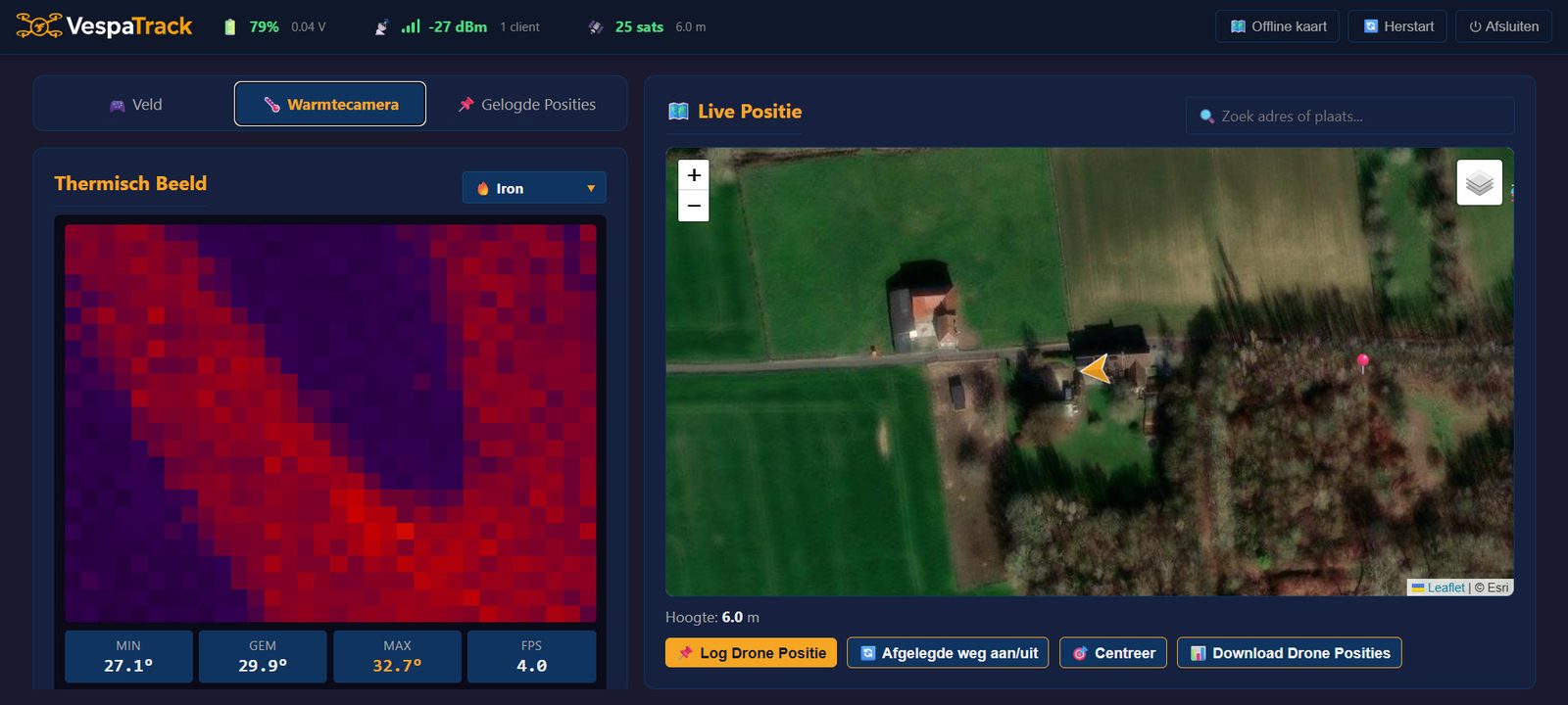 Het dashboard met het warmtebeeld naast de live positie op de kaart